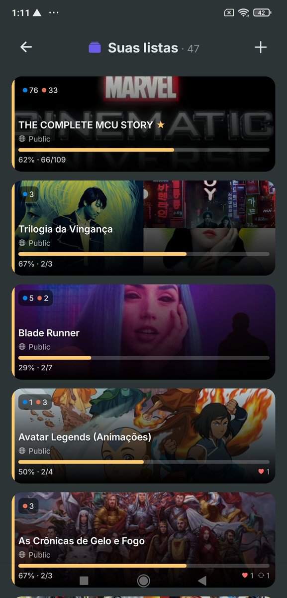 Barcelos132's tweet photo. @bingersapp I love the way lists work on Refract. You can see the percentage watched and clearly tell which titles have been completed. On TV Time, there was only a small line under movie covers and nothing similar for TV shows.

If you implement something like that, it would be excellent! https://t.co/gBzht7pByM
