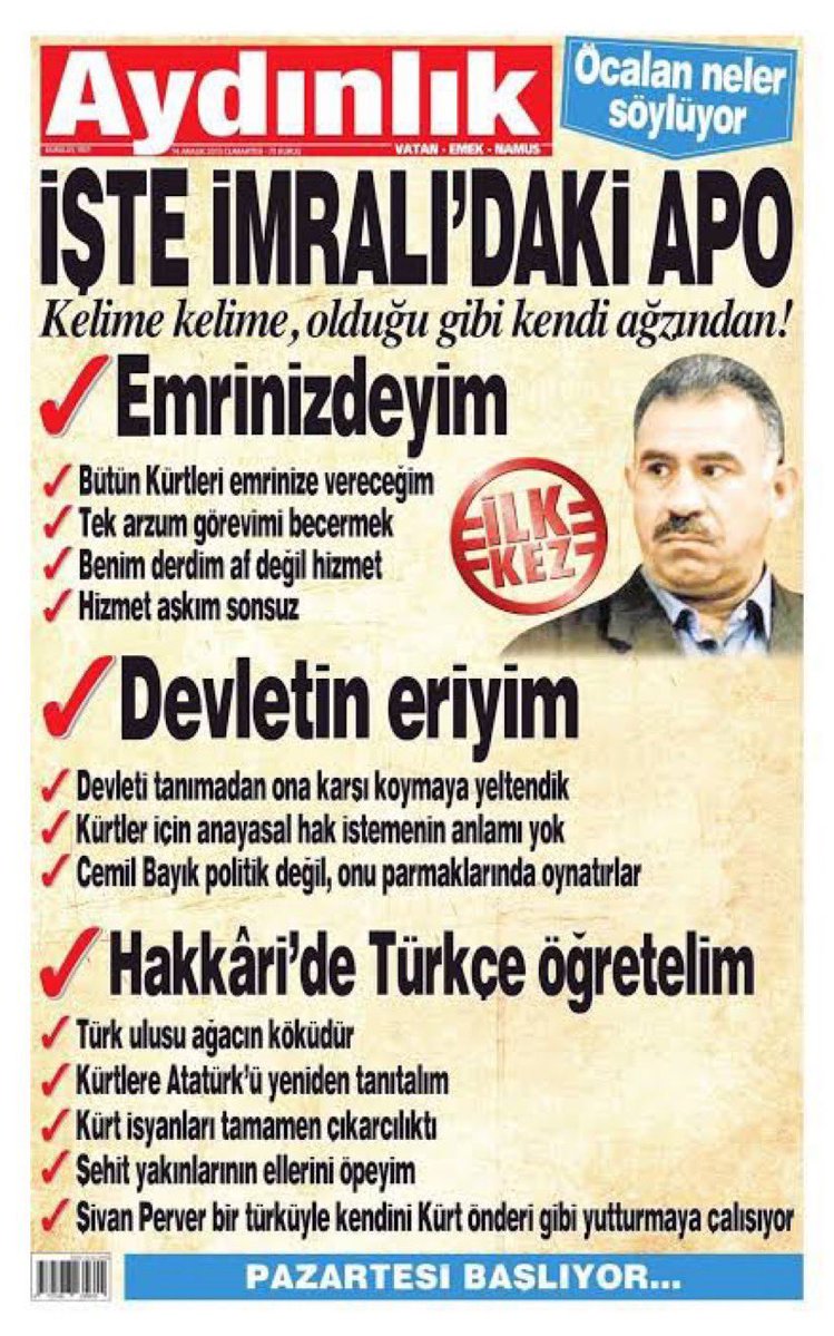 Murulgen75's tweet photo. Bu isimleri ezber edin. Bu isimleri tek tek okuyun.

•  Mehmet Halit Oral (9 Ekim 1998, Maraş Cezaevi)

•  Mehmet Gül (19 Ekim 1998, Manisa Cezaevi; 27 Ekim 1998’de öldü)

•  Bülent Bayram (21 Ekim 1998, Adıyaman Cezaevi)

•  Ali Aydın (21 Ekim 1998, Bartın Cezaevi)

•  Hasan İsa Hasan (22 Ekim 1998, Qamişlo; 25 Ekim 1998’de öldü)

•  Selamet Menteş  (23 Ekim 1998, Midyat Cezaevi)

• Aynur Artan (Rotinda) (23 Ekim 1998, Midyat Cezaevi)

•  Mirza Sevimli (Mirze Sevimli) (26 Ekim 1998, Erzurum Cezaevi)

•  Berzan Öztürk (Murat) (1 Kasım 1998, Almanya Stammheim Cezaevi; 4 Ocak 1999’da öldü)

•  Mehmet Aydın (13 Kasım 1998, Çanakkale Cezaevi)

•  Erdal Çeçen (Erdal Çeken) (14 Kasım 1998, Midyat Cezaevi)

•  Kadri İlhan (16 Kasım 1998, Siirt Cezaevi)

•  Adnan Karataş (17 Kasım 1998, Mardin Cezaevi)

•  Ahmet Yıldırım (Tayhan)  (17 Kasım 1998, Moskova)

•  Remzi Akkuş (Jêhat) (17 Kasım 1998, Moskova)

•  Emrullah Damlacı (Seyîd Bayram) (18 Kasım 1998, Dêrik)

•  Cemil Özalp (27 Kasım 1998, Amed)

•  Mirza Çubukçu (27 Kasım 1998, Batman — ölüm orucu sonrası)

•  Yavuz Güzel (30 Kasım 1998, Bartın Cezaevi)

•  Hatice Falay (13 Aralık 1998, İstanbul Bağcılar)

•  Taylan Özgür Kahraman (21 Aralık 1998, Almanya)

•  Kahraman Denli (16 Şubat 1999, Amed; 10 gün sonra öldü)

•  Serpil Polat (17 Şubat 1999, Sakarya Cezaevi)

•  Murat Yeşilgöz (8 Ağustos 1999, Amasya Cezaevi)

•  Hükmiye Seyhan (Ruken Beritan) (23 Aralık 1999, Rusya)

•  Mahmut Yener (22 Haziran 2000, Amed; 8 Temmuz’da öldü)

•  Nesrin Teke (9 Temmuz 2000, Amed)

•  Esen Aslan (3 Ağustos 2000, İzmir)

•  Fatoş Sağlamgöz (Sema) (11 Kasım 2003, Göteborg, İsveç)

•  Erdoğan Kahraman (Yekta) (28 Mart 2004, Qamişlo)

•  Serdar Arı (25 Ekim 2005, İzmir)

•  Aynur Yaşlı (30 Mart 2006, Antalya)

•  Leyla Wali Hasan (Viyan Soran) (1 Şubat 2006, Heftanîn)

•  Veysi Kaya (28 Şubat 2006, Adana)

•  Elefteriya Fortulaki (24 Mart 2006, Atina, Yunanistan)

•  Ve daha sonraki yıllarda: Ebu Müslüm Doğan, Mustafa Malçok, Evrim Demir, Fırat İzgin, Mehmet Şerif Sakalı, Mehmet Yalçın, Serdal Yektaş, Abdulkadir Atilla, Mahsun Özen, Hadika Doğru (Hêvîdar Serhed), Nazelin Korkut, Ümit Acar, Zülküf Gezen, Uğur Şakar, Ayten Beçet, Zehra Sağlam, Medya Çınar, Yonca Akıcı, Siraç Yüksek, Mahsum Pamay 

Bu isimlerin hepsi Apo için bedenlerini yaktılar. Apo için canlarını verdiler.

Apo ne yaptı peki?
“Benim annem de Türk, size hizmet etmeye hazırım” diyerek Kürd tarihinin en büyük ihanetini yaptı. 

Asker analarından özür diledi, çocukken öldürdüğü yılanlardan özür diledi. Tek bir gün Kürdün anasını aklına getirmedi.