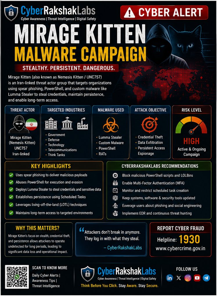 vivekkumar86538's tweet photo. 🚨 Mirage Kitten Campaign: 
🛡 Think Before You Scan. Stay Aware. Stay Secure.

#CyberSecurity #ThreatIntelligence #APT #MirageKitten #LummaStealer #MalwareAnalysis #ThreatHunting #IncidentResponse #PowerShell #LivingOffTheLand #BlueTeam #DFIR #SOC #CyberThreats #CyberRakshakLabs https://t.co/NkiF4VsQNA