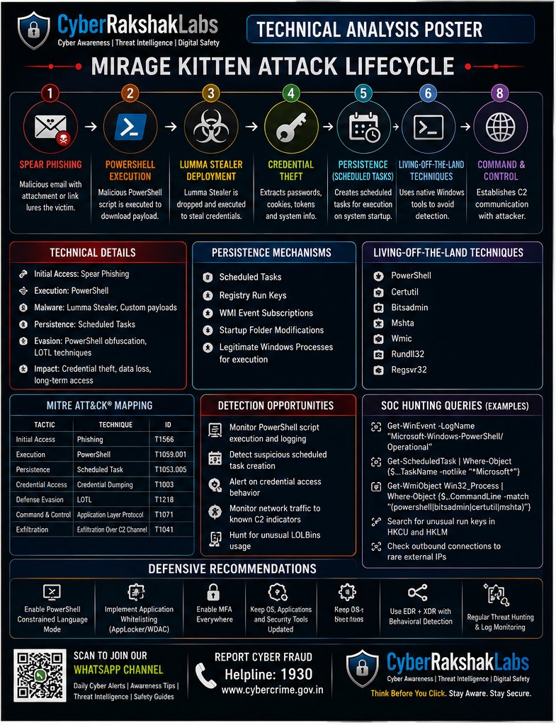 vivekkumar86538's tweet photo. 🚨 Mirage Kitten Campaign: 
🛡 Think Before You Scan. Stay Aware. Stay Secure.

#CyberSecurity #ThreatIntelligence #APT #MirageKitten #LummaStealer #MalwareAnalysis #ThreatHunting #IncidentResponse #PowerShell #LivingOffTheLand #BlueTeam #DFIR #SOC #CyberThreats #CyberRakshakLabs https://t.co/NkiF4VsQNA