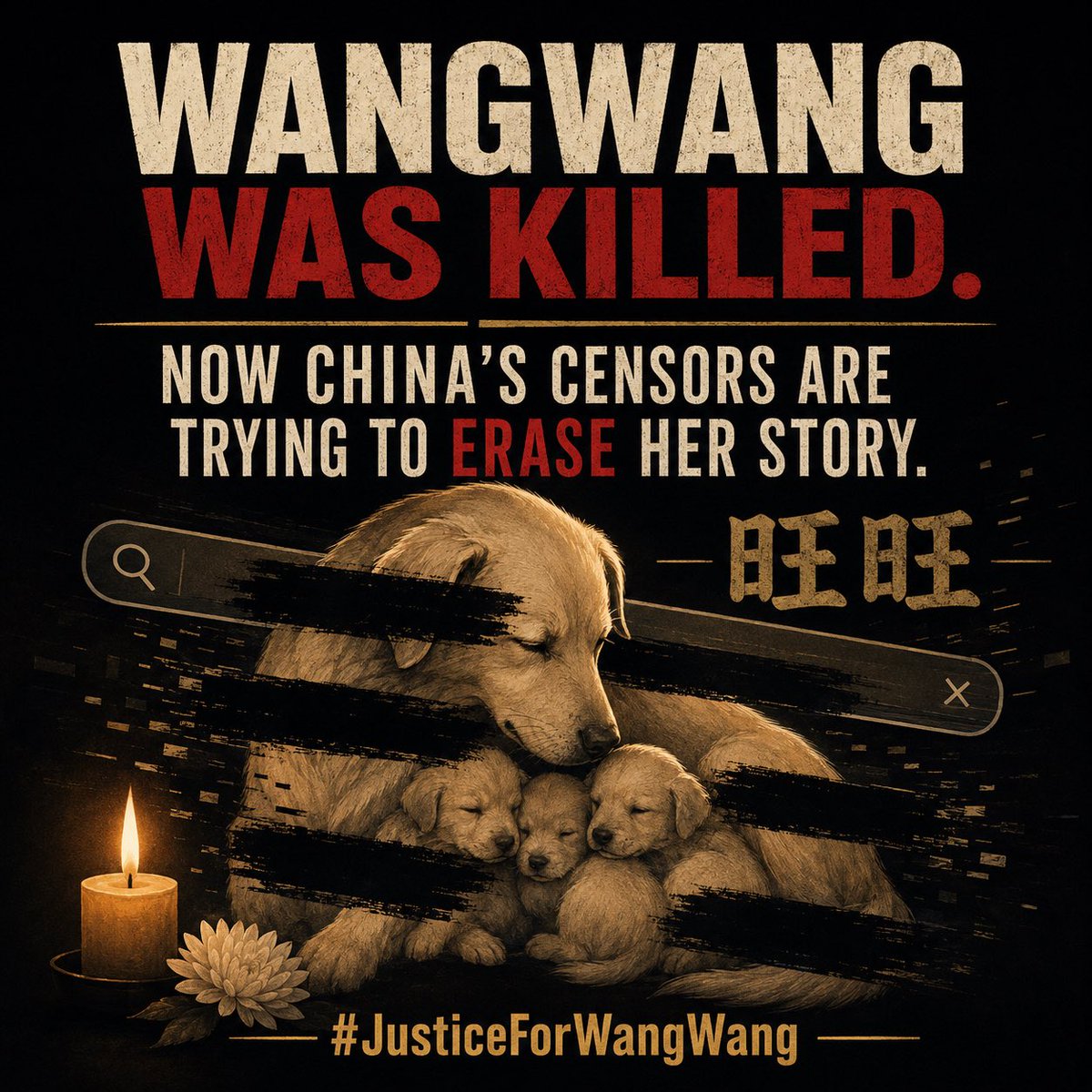 PunsNRosez's tweet photo. Wangwang and her puppies were brutally killed. Now China’s censors are erasing their story—blocking searches, deleting posts and removing memorials.
Cruelty thrives when truth is buried. Don’t let Wangwang disappear.
#JusticeForWangWang #StopAnimalCruelty #StopCensorship https://t.co/B4zlg9Qw1f