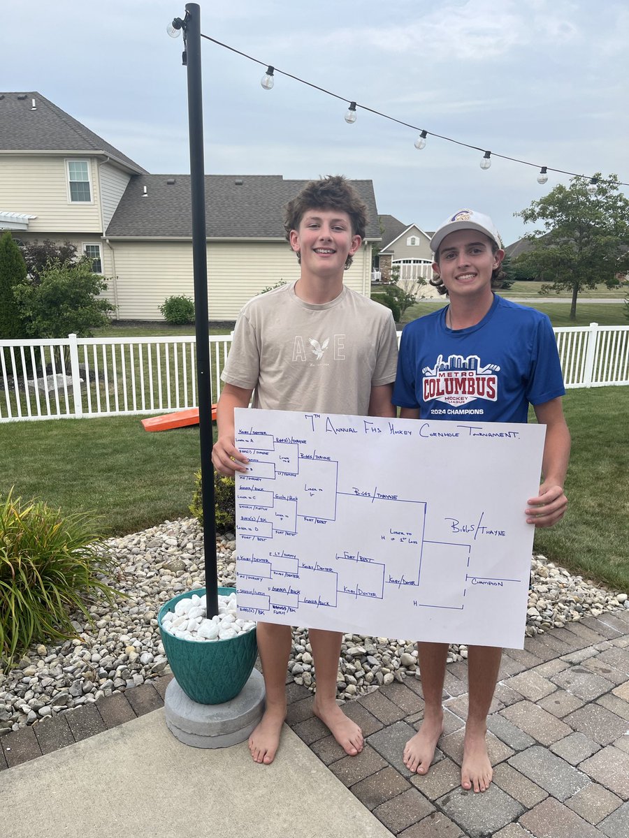 FHSTrojanHockey's tweet photo. ☀️🏒The Findlay High School Hockey team had a great time at our annual team pool party, generously hosted by Coach Patey. Congratulations to Jackson Biggs &amp; Thayne Sheppard, who earned ultimate bragging rights after being crowned our 2026 Cornhole Champions! 🏆🌽

#FindlayHockey https://t.co/X8OKZgzFRT