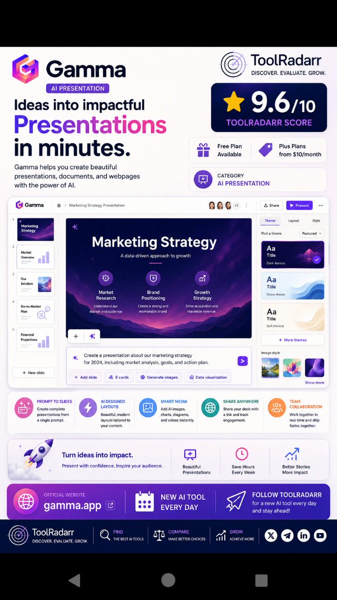 Tool_radarr's tweet photo. π ToolRadarr #53
Gamma creates beautiful presentations in minutes.
π¨ Prompt to presentation
πΌοΈ AI-powered layouts
π€ Real-time collaboration
β 9.6/10
What presentation would you create first?
#Gamma #AI #AITools #ToolRadarr https://t.co/g5unX9ZPHs