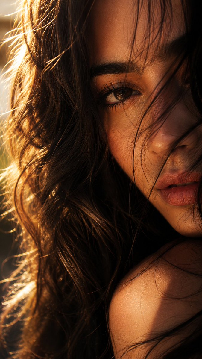 MissDelulu9's tweet photo. A quiet kind of beautiful 

Created using ChatGPT 

Prompt:

Create an ultra-realistic cinematic close-up portrait while preserving my exact facial features and identity. Only one expressive eye is visible, softly emerging through thick, flowing wavy hair that naturally drapes across my face. Golden-hour sunlight delicately illuminates the eyelashes, creating a warm, radiant glow. Natural, flawless makeup enhances the look with soft dusty-rose lips, subtle peach blush, and smooth sun-kissed skin with realistic texture.

The remaining part of the face fades into a gentle blur and is artistically cropped, drawing full attention to the visible eye. Captured with a slight head tilt, vintage film grain, warm golden light leaks, shallow depth of field, and a nostalgic editorial mood. Soft cinematic color grading, refined skin details, dreamy atmosphere, premium fashion photography, ultra-high detail, 9:16 aspect ratio.