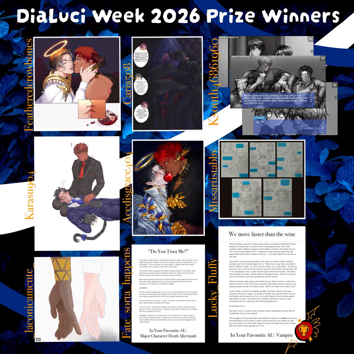 PseudonymWorks's tweet photo. #dialuciweek2026 #dialuciweek

https://t.co/tF2JApLym5
Grand prize goes to @LuckyFluffy_ccs for the fanfic “We can move faster than the wine” (In Your Favourite AU: Vampire)

Any unclaimed prizes will trigger another raffle from among  remaining participants. https://t.co/TEGChZnEi6