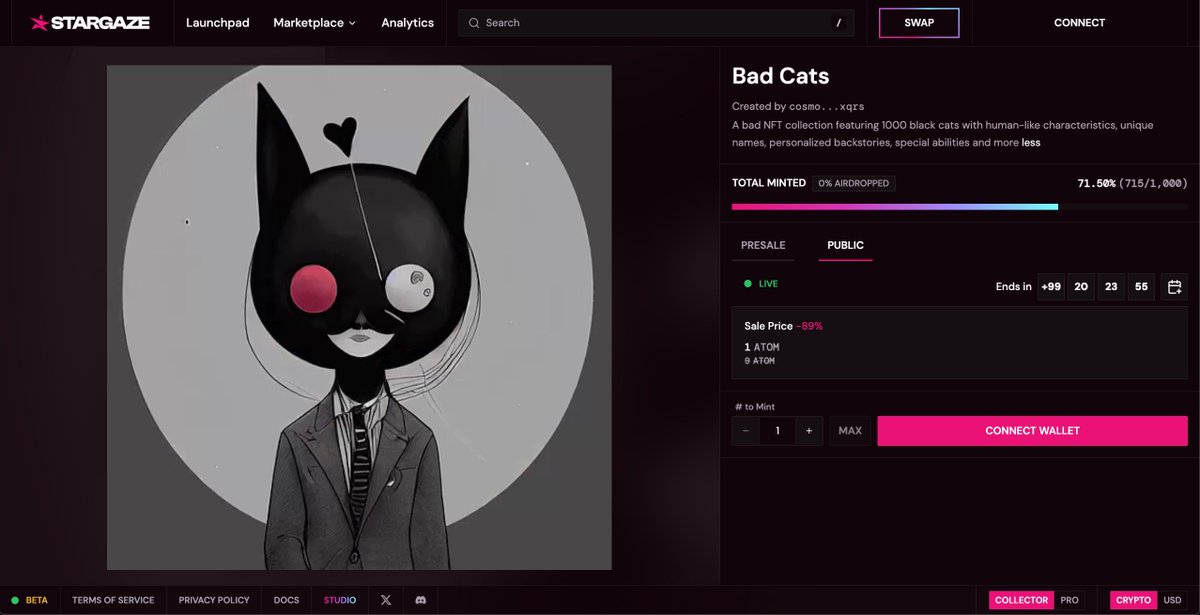 BadCatCatalyst's tweet photo. Bad Cats minting on @StargazeZone for 1 $ATOM each

A bad NFT collection featuring 1000 black cats with human-like characteristics, unique names, personalized backstories, special abilities and more 🐈‍⬛

Adopt a Bad Cat: https://t.co/iyaNXxNZWL https://t.co/oatXCUH1m7