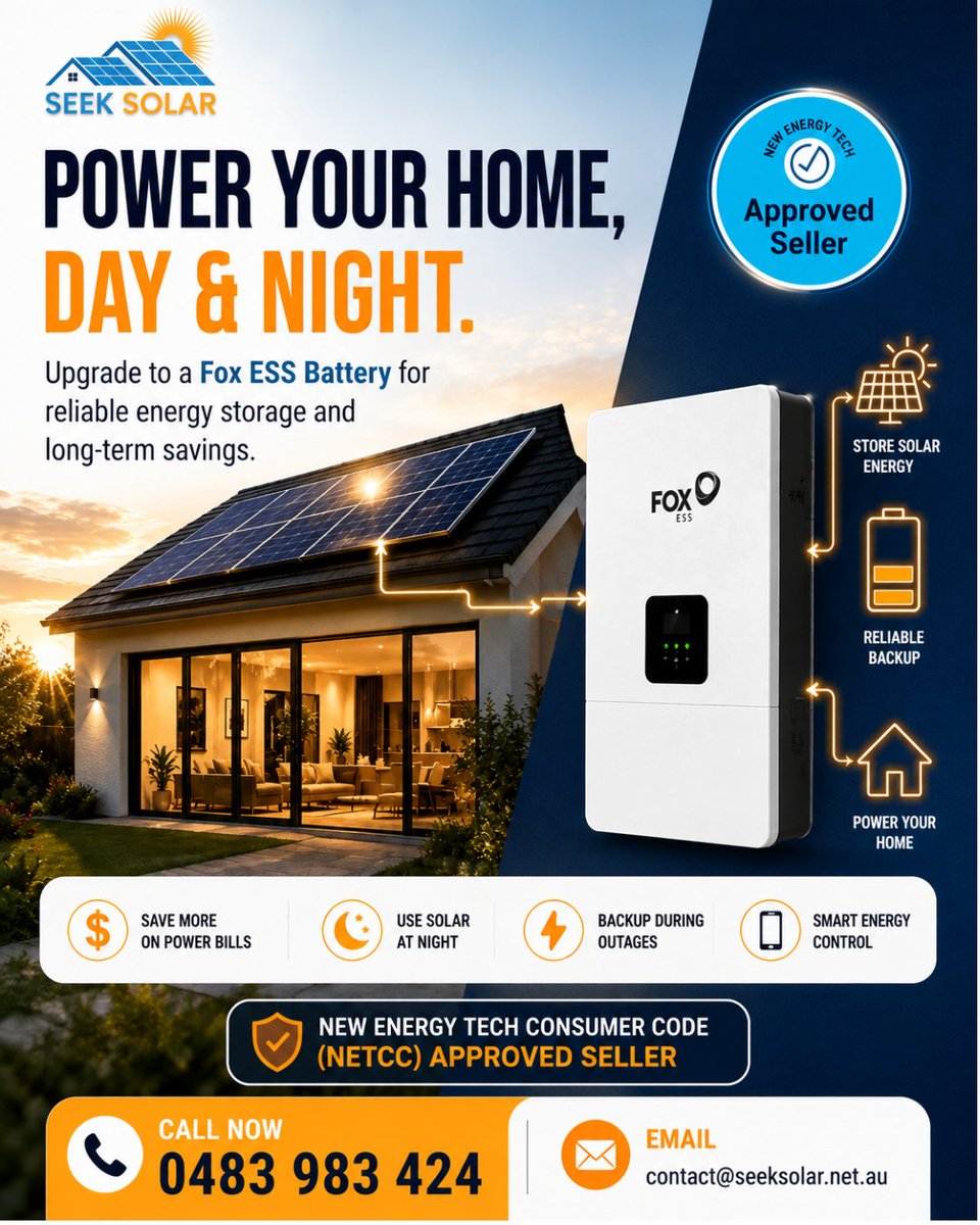 seek_solar's tweet photo. 🔋 Power your home day &amp; night with a Fox ESS Battery.

Store more solar. Save more every day.

📞 0483 983 424
🌐 https://t.co/hwPKhfgtWn

#SeekSolar #FoxESS #SolarBattery #EnergyStorage https://t.co/faN8DsenFe