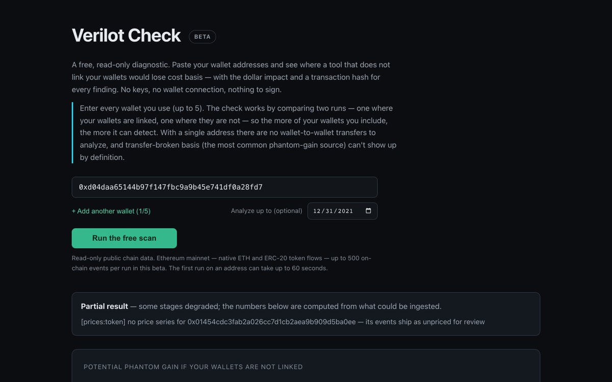 verilot's tweet photo. Paste a wallet address. Verilot re-runs your history with wallet linking on and off, and shows the delta — plus a balance tie-out check against the real on-chain balance.

Read-only. No keys, no wallet connection, no signup: https://t.co/D4upwp1dGn https://t.co/HwRJG7p2an