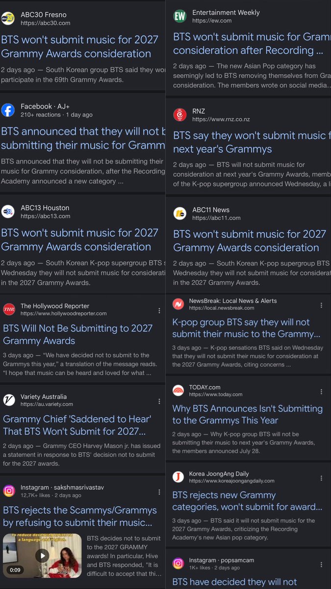 ra_raraj's tweet photo. Edan ni group. Pantes gak sampe sehari CEO Grammy buru2 keluarin statement, efek 1 IG story BTS langsung jadi berita di all platform media2 besar di buanyak Negara. Variety, BBC, NBC, CBC, The New York Times, Rolling Stone, Time Magz, Entertainment weekly, Audacy, People, dll dll semuaaaaaa rame beritain.