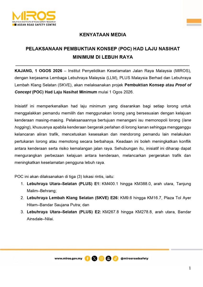 mirosroadsafety's tweet photo. KENYATAAN MEDIA 
1 OGOS 2026
PELAKSANAAN PEMBUKTIAN KONSEP (POC) HAD LAJU NASIHAT MINIMUM DI LEBUH RAYA

Maklumat lanjut boleh layari laman sesawang MIROS : https://t.co/R8oyoQq3WJ https://t.co/0GOIxKyq1z