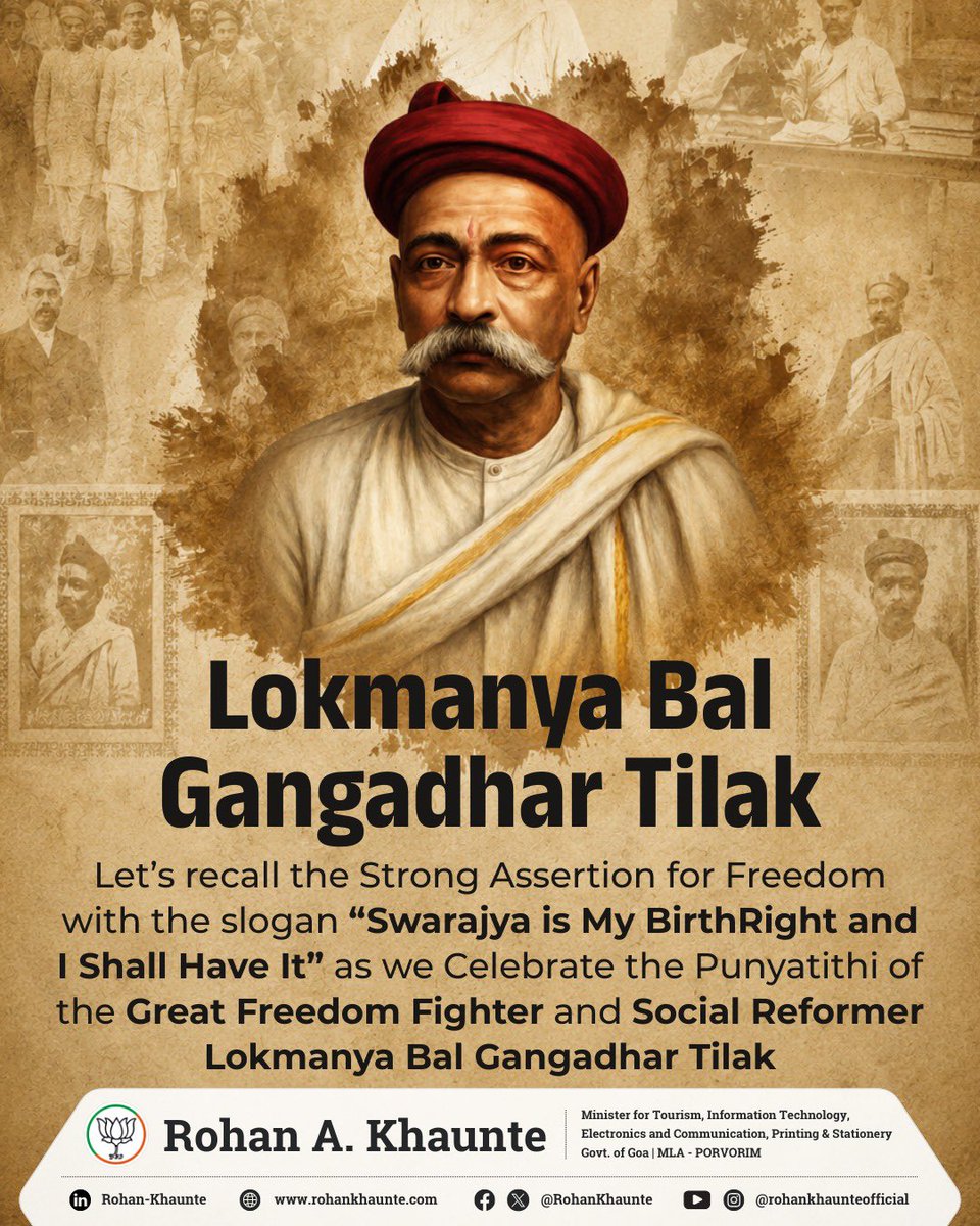 RohanKhaunte's tweet photo. Let’s recall the Strong Assertion for Freedom with the slogan “Swarajya is My BirthRight and I Shall Have It” as we Celebrate the Punyatithi of the Great Freedom Fighter and Social Reformer Lokmanya Bal Gangadhar Tilak. https://t.co/Pf5GVzSkgX