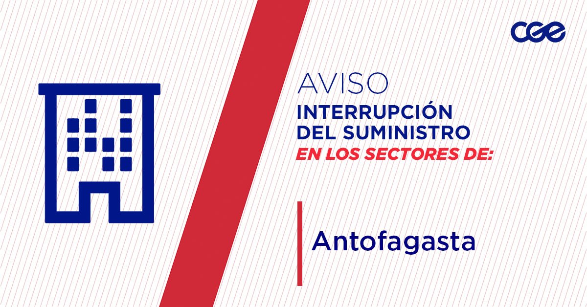 CGE_Clientes's tweet photo. Informamos a nuestros clientes de los sectores de Bandera, Lorenzo Arenas, Félix Contreras, Soldado Enrique Reyes, Juan Bolívar; en la comuna de #Antofagasta, la interrupción del suministro eléctrico. Nuestro personal de emergencia ya está informado. https://t.co/JrigJp3Yhl