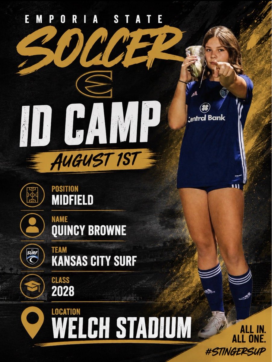 QuincyB0424's tweet photo. Looking forward to attending the Emporia State ID Camp tomorrow! Excited for the opportunity to compete, learn, and showcase my abilities. #Classof2028  @ECNLgirls @ImYouthSoccer @ESU_WoSoccer https://t.co/vH3QX5bTPL