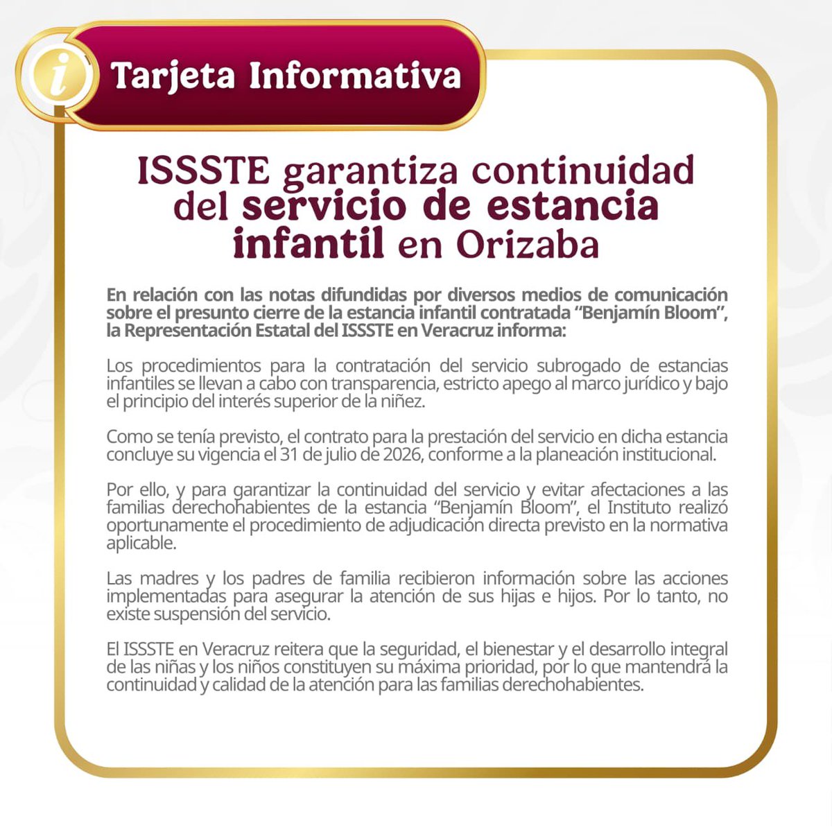 ISSSTE_Veracruz's tweet photo. 📄 #TarjetaInformativa | En relación con las notas difundidas por diversos medios de comunicación sobre el presunto cierre de la estancia infantil contratada "Benjamín Bloom", la Representación Estatal del ISSSTE en Veracruz informa: https://t.co/G7PwMD2L9r