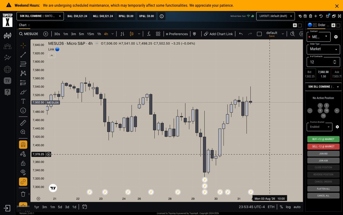 TacticalT888's tweet photo. Step 1 to profitability: get off the neon green/red crayon colors. That's not a chart, that's a Christmas tree with a drawdown problem.
New setup:
BG #c2baae
Bull #b2b5be · Bear #434651
Wicks/borders #000000
Long/short line #808080
Stop #f23645 (20% opacity)
Target #000000 (20% opacity)
Dress for the job you want, not the one where you're down 4 accounts screaming at candles.