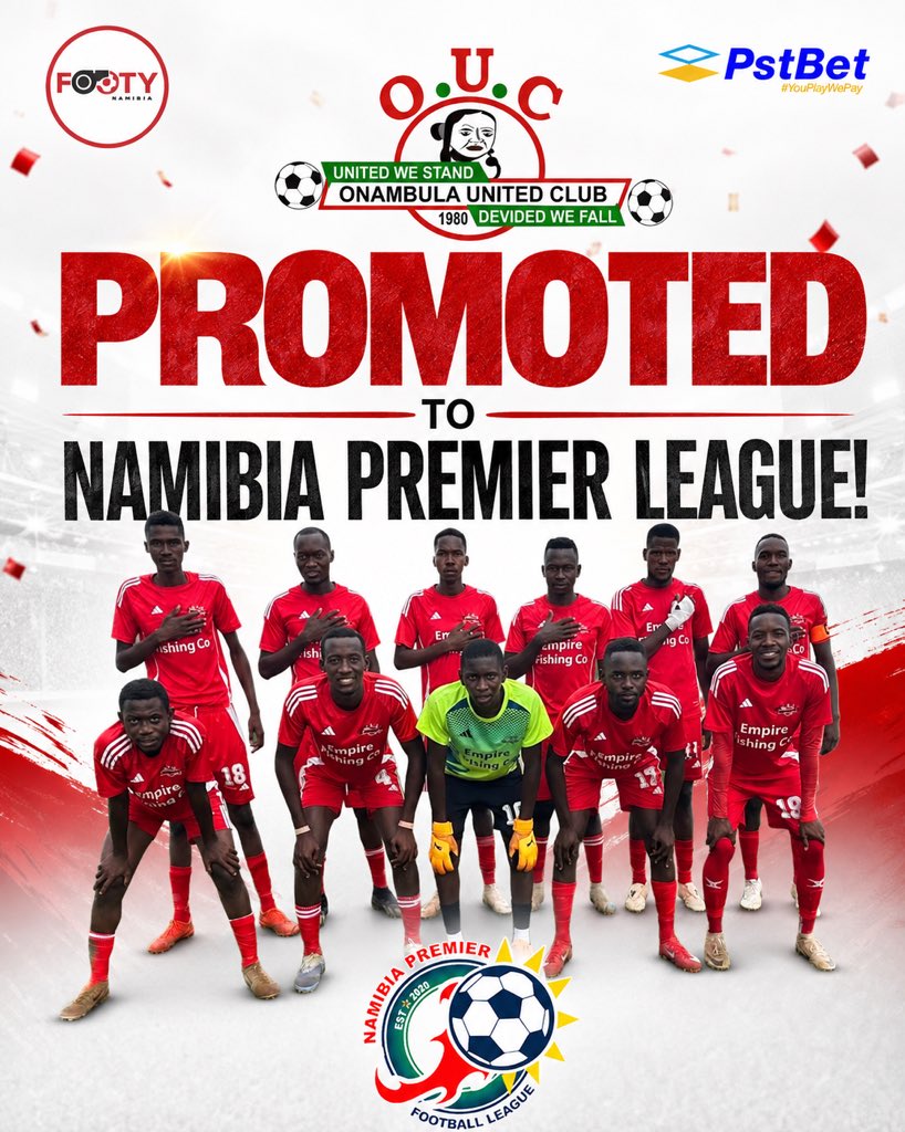 FootyNamibia's tweet photo. 🚨𝗢𝗡𝗔𝗠𝗕𝗨𝗟𝗔 𝗣𝗥𝗢𝗠𝗢𝗧𝗘𝗗 𝗣𝗥𝗘𝗠𝗜𝗘𝗥 𝗟𝗘𝗔𝗚𝗨𝗘! 🍾🎊

Onambula United FC, who finished 2nd in the North West Stream First Division, have officially been declared league champions and promoted to the Namibia Premier League, replacing Eleven Warriors FC.

Eleven Warriors FC originally finished 1st and were crowned champions of the North West Stream First Division. However, they are not eligible for promotion due to the provisions of Articles 20.6 and 20.7 of the NFA Statutes.

The club shares the same ownership as Mighty Gunners FC, who already compete in the Namibia Premier League. Under the NFA Statutes, two clubs under the same ownership cannot participate in the same league.