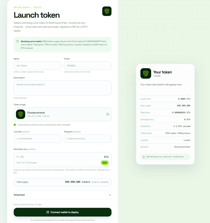 anthemslaunch's tweet photo. Deploy a bonding curve token on Robinhood Chain. Anyone can buy instantly — price rises with each purchase, migrates to DEX at 4.2 ETH raised.

https://t.co/3SxKKVdYmn

#robinhood https://t.co/0yiAjpvY9t