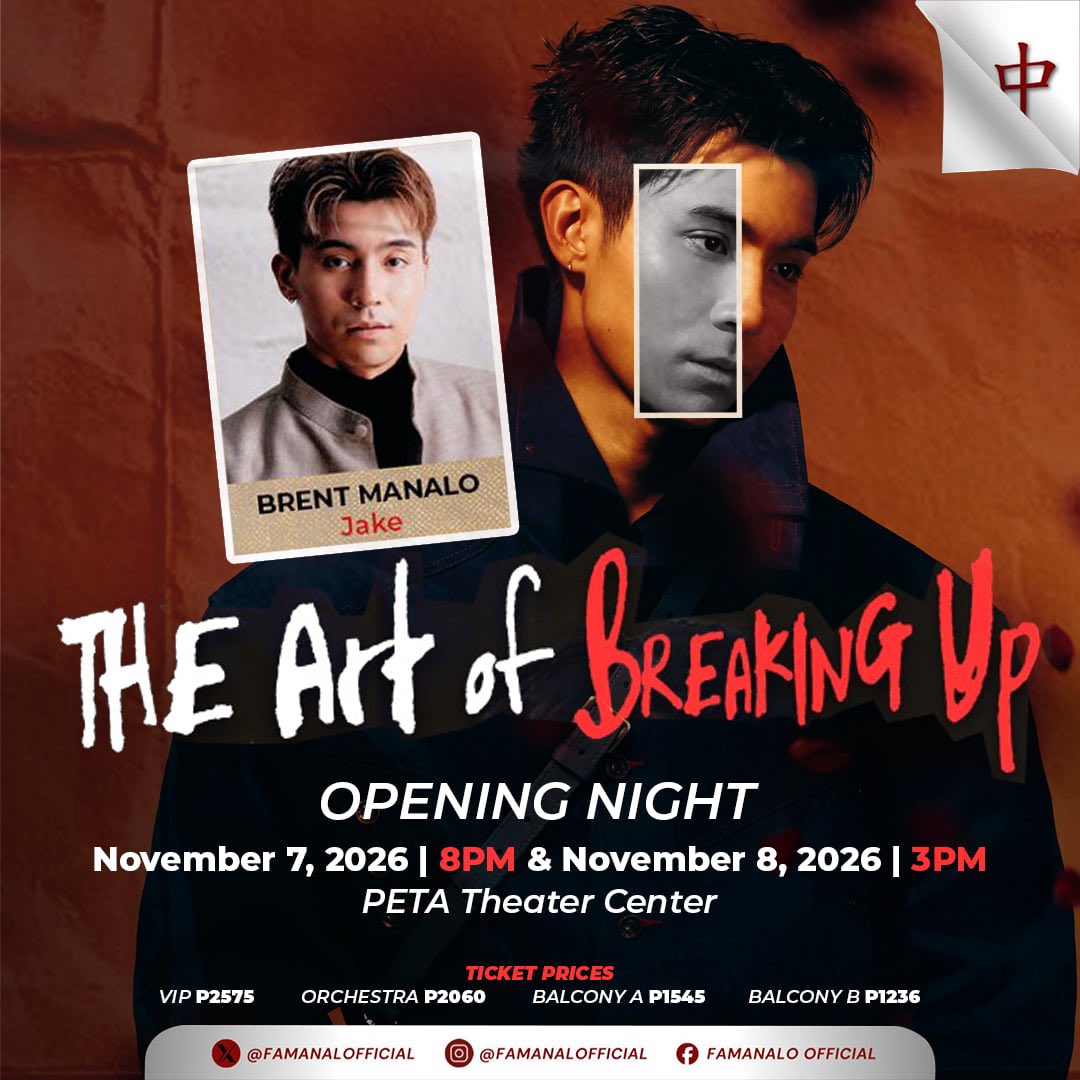 FAMANALOFFICIAL's tweet photo. Brent's schedule for The Art of Breaking Up is now out!

Catch Brent Manalo as Jake in The Art of Breaking Up at the PETA Theater Center this November! This marks Brent's exciting theater journey in the acclaimed stage production.

Brent's Opening Weekend Performances:
🗓 November 7, 2026 (Saturday) – 8:00 PM
🗓 November 8, 2026 (Sunday) – 3:00 PM

Grab your tickets via TicketWorld: https://t.co/0NVDGwashZ

If you'd like to watch with fellow Brent fans or need assistance with purchasing your tickets, feel free to send us a message. We'd be happy to help! Send us a message!

#BrentManalo #TheArtOfBreakingUp #TeatroKapamilya