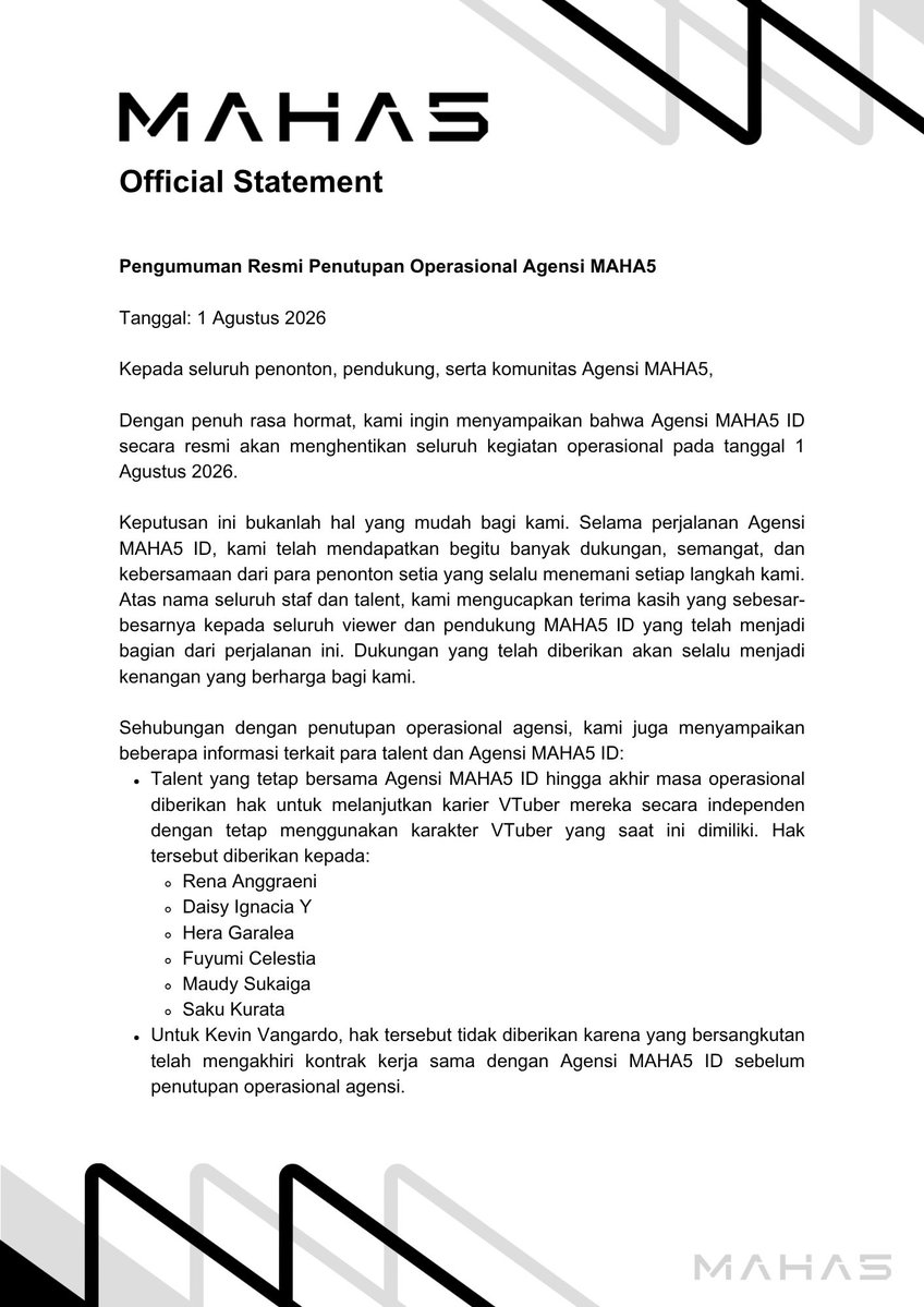 maha5official's tweet photo. Pengumuman terkait penutupan operasional MAHA5 ID. https://t.co/LmrX4MEW9f