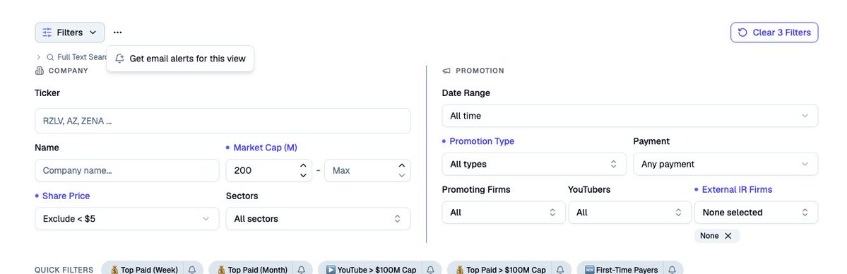 StockPromoData's tweet photo. We released several exciting updates to Stock Promotion Tracker:

1. Follow interesting stocks using the star icon. This allows you to opt in to receive an email whenever we find new stock promotions for this ticker symbol.

2. Checking stock performance since the promotion date is now directly on the dashboard. The "Since promo" column provides data quickly.

3. Custom filters as well as the quick filters (bell icon) can now be saved as an email alert. 

4. The dashboard pulse now gives a quick overview of recent data. Hot tickers show stocks above $100M market cap that have paid for multiple promotions in the last week. Users can also opt in for a weekly digest email containing a similar pulse.