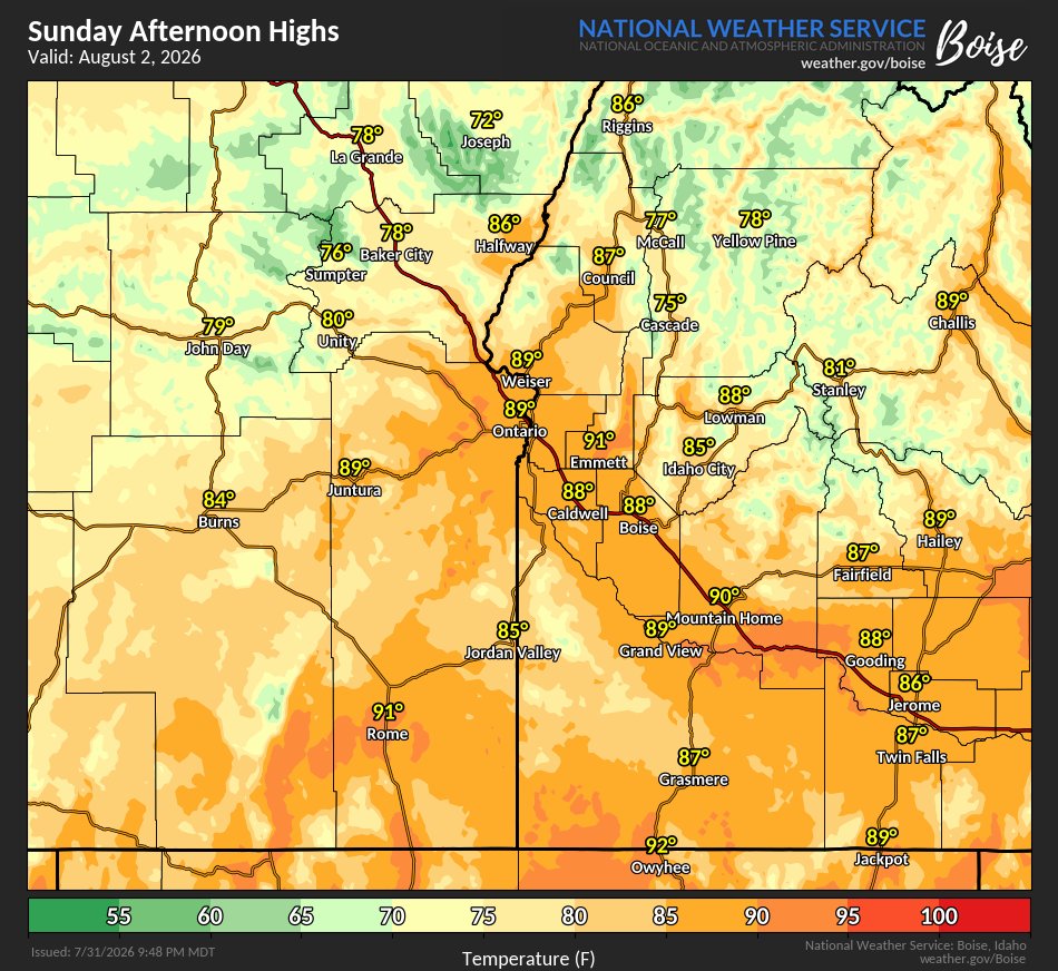 NWSBoise's tweet photo. 🌡️Another hot &amp; smoky day is expected Saturday, before a windy cold front moves through the region Saturday night-Sunday. 
Temperatures will drop significantly by Sunday, and remain "cool" through Monday.
Stay hydrated during the heat, and find relief indoors/in air conditioning. https://t.co/gMbkBIwFUS