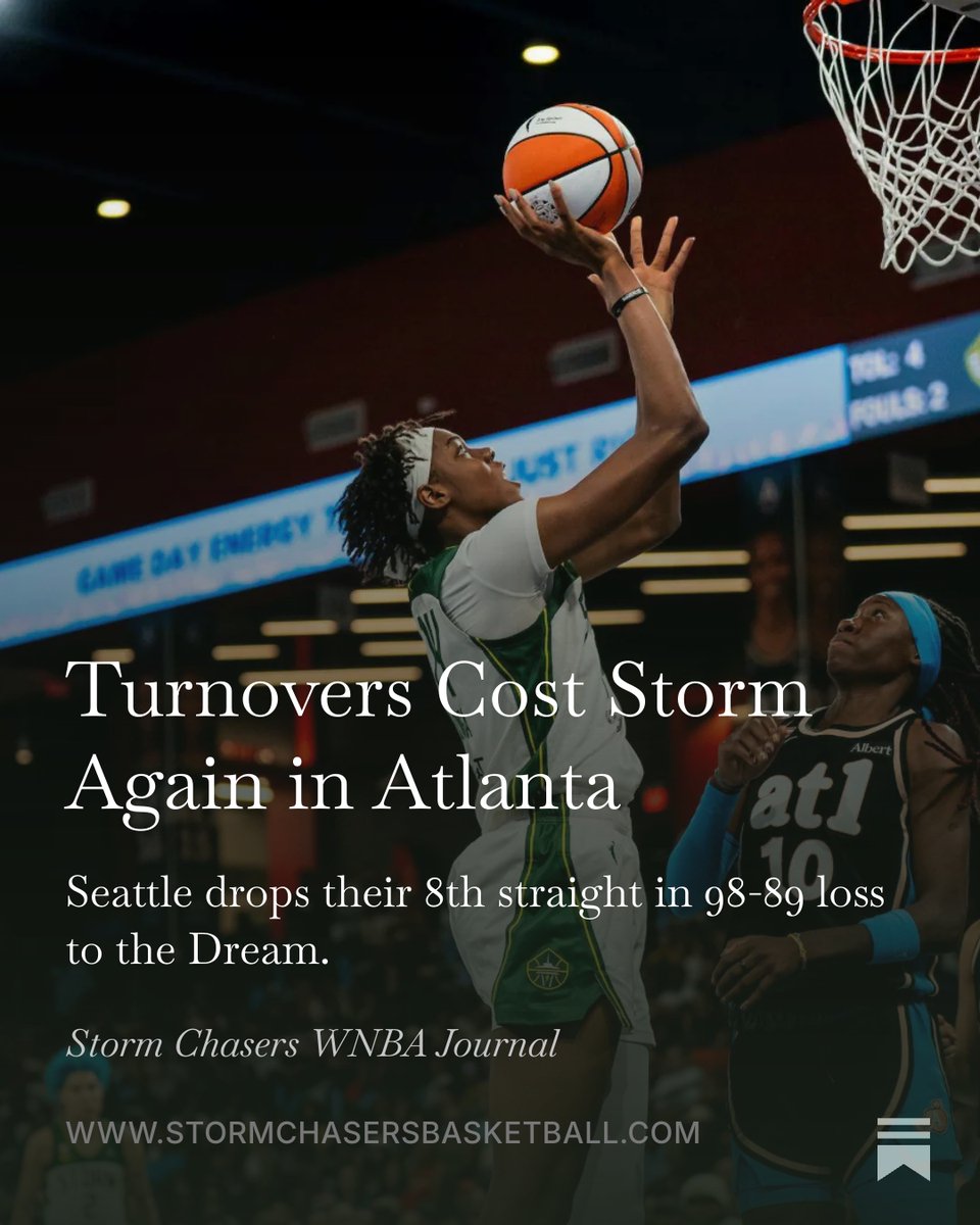 WNBAStormChaser's tweet photo. Turnovers cost the Seattle Storm again as they lost 98-89 to the Atlanta Dream. Angel Reese had 21 points and 13 rebounds. Dominique Malonga had 16 points and 13 rebounds. Ezi Magbegor scored 12 points in her return. The full #WNBA game recap is below. https://t.co/EbudUiy31t https://t.co/zHFFvnNaYa