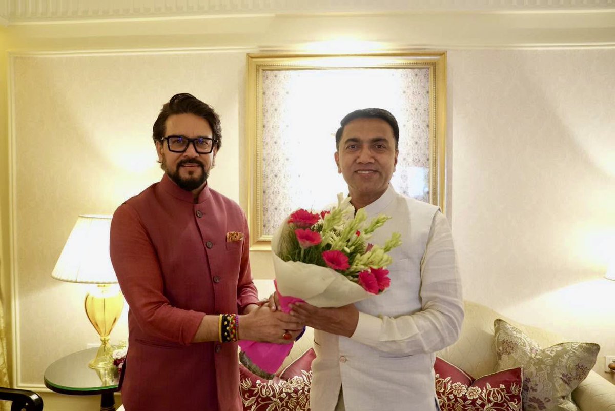 ianuragthakur's tweet photo. Had a very pleasant meeting with Shri @DrPramodPSawant Ji, the Hon'ble Chief Minister of Goa, and discussed a wide range of issues.

From securing the second rank among all Indian States in the Fiscal Health Index 2026 to the remarkable growth of its tourism and IT sectors, Goa has set new benchmarks for all-round development under his seven years of leadership.