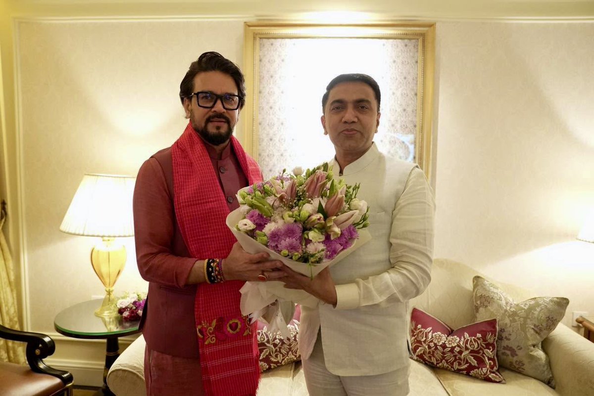 ianuragthakur's tweet photo. Had a very pleasant meeting with Shri @DrPramodPSawant Ji, the Hon'ble Chief Minister of Goa, and discussed a wide range of issues.

From securing the second rank among all Indian States in the Fiscal Health Index 2026 to the remarkable growth of its tourism and IT sectors, Goa has set new benchmarks for all-round development under his seven years of leadership.