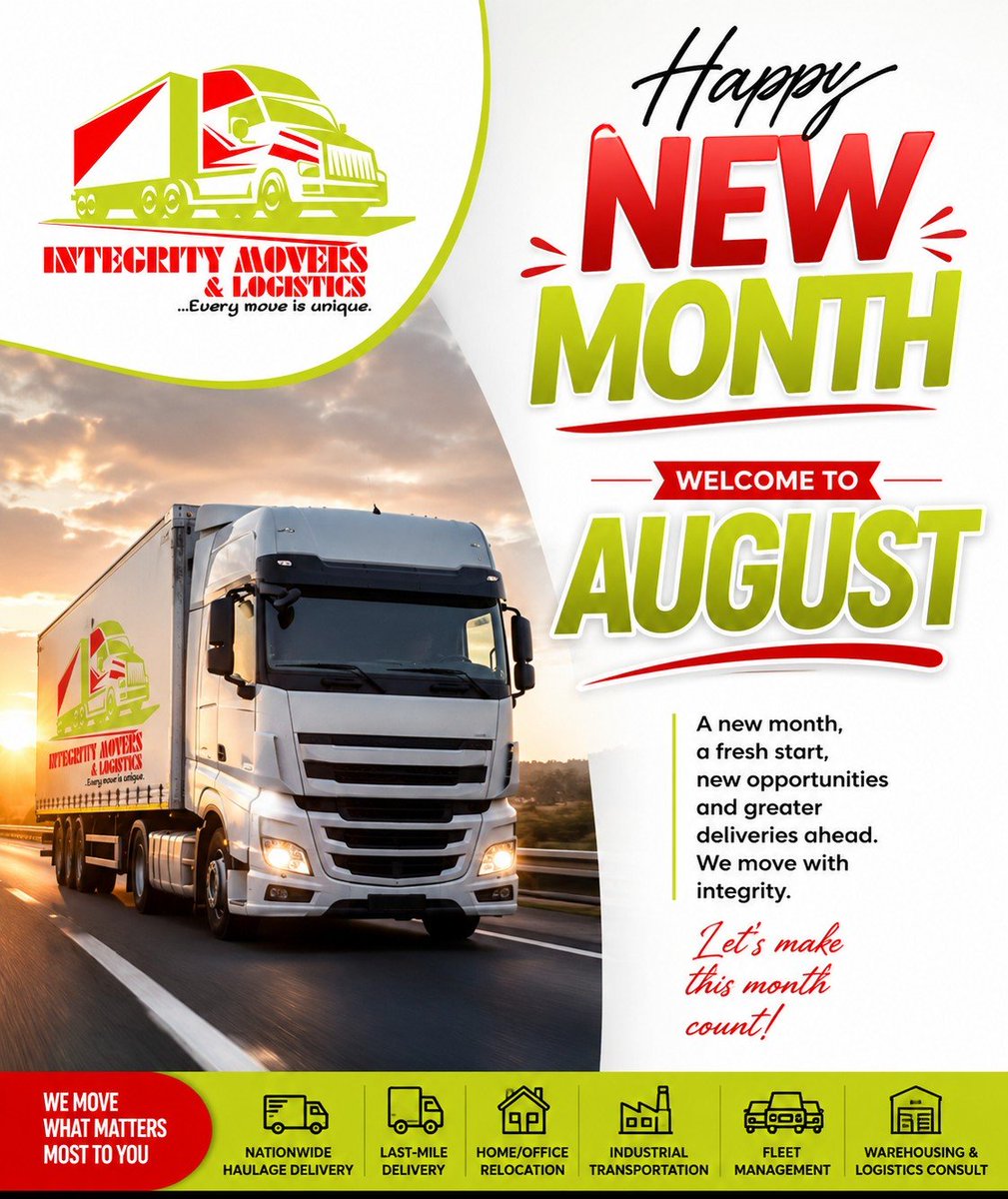 realIMLogistics's tweet photo. At Integrity Movers & Logistics, we're committed to making every delivery safe, timely, and stress-free. Whether you're moving goods across Nigeria or relocating your home or office, we've got you covered.

Our Services:
🚛 Nationwide Haulage
🚛 African Countries Haulage
📦 Last-Mile Delivery
🏠 Home & Office Relocation
🏭 Industrial Transportation
🚚 Fleet Management
📦 Warehousing & Logistics Consulting

This August, let us move your business forward with reliability and integrity.
Integrity Movers & Logistics
Every move is unique.

📞 +3347055970000 |   +2347047700094

#HappyNewMonth #WelcomeToAugust #IntegrityMovers #Logistics #Haulage #DeliveryServices #MovingMadeEasy #NigeriaLogistics #EveryMoveIsUnique
