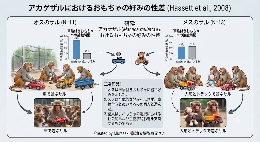 MurasakiEsc3's tweet photo. そしてこの性差は社会的に作られるわけでは無いんですよね。

例えばアカゲザルを用いた研究では、オスのアカゲザルは🚗のおもちゃに関心を示し、メスのアカゲザルは🧸に関心を示すことが知られています。

社会が好みを決めるんじゃなくて、遺伝子がそれを決定するんですよね。 https://t.co/WsQCstxyUi