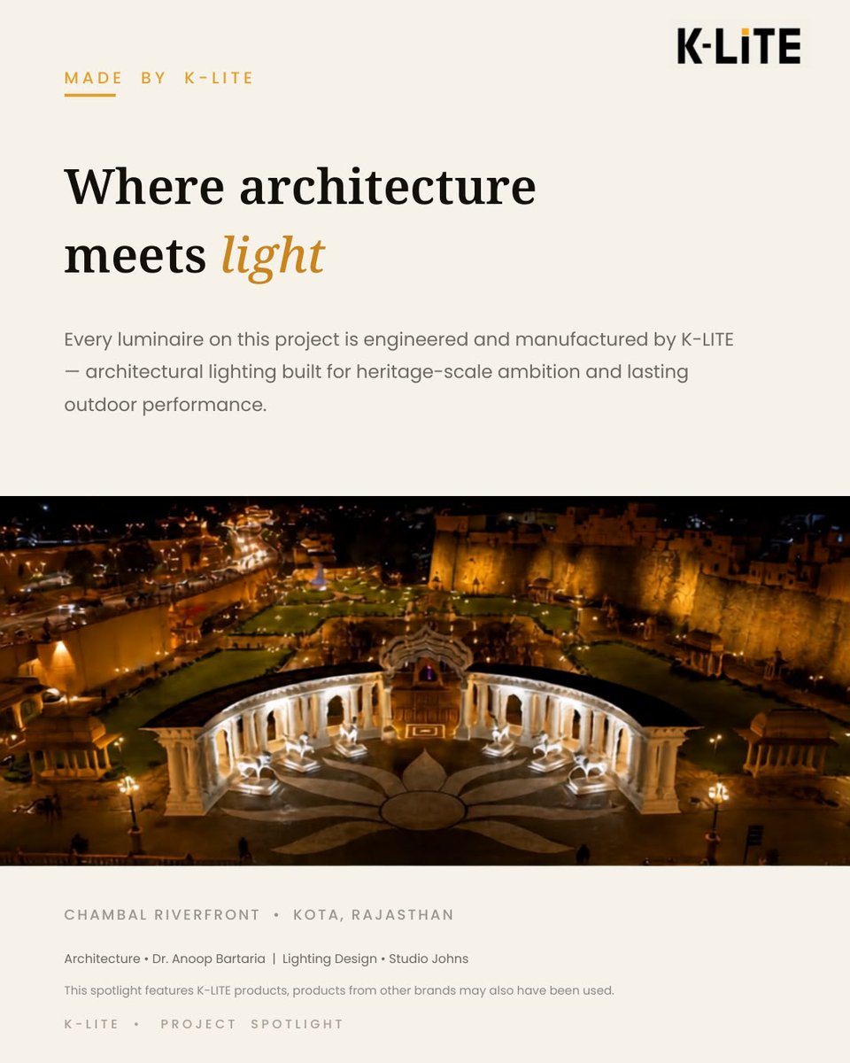 KliteIndia's tweet photo. Illuminating the Chambal Riverfront — Kota, Rajasthan, India.
6 km of waterfront illuminated with K-LITE's MICROLED, Sudo, Rado Mini, Nebula, Vesta Mini and Magudam Mini.
Architecture: Dr. Anoop Bartaria
Lighting Design: Studio Johns
#ArchitecturalLighting #Kota #KLITE https://t.co/7yoGBrTOOf