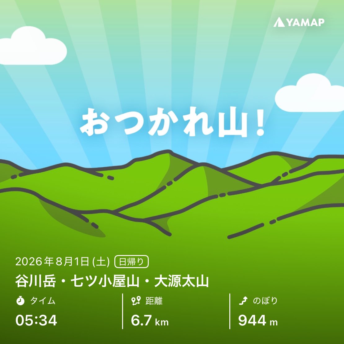take_standup's tweet photo. 谷川岳を山歩しました「おつかれ山！」 #YAMAP #無事下山 #山歩しよう https://t.co/EitUntxqk5