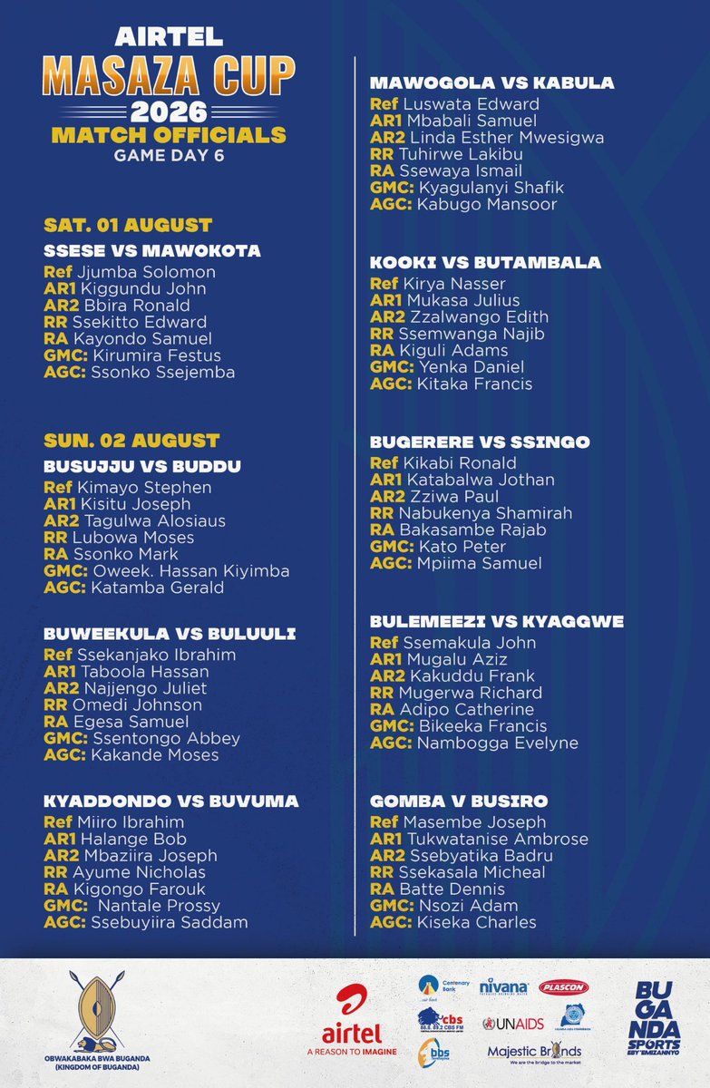 MasazaCup_'s tweet photo. We are back with the second round and the officials for game day six are confirmed

#MasazaCup2026 https://t.co/iBecnM8Kgm