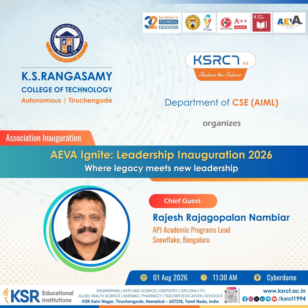 ksrct1994's tweet photo. Every legacy begins with a single spark. ⚡

This August, witness the spark that will illuminate the future of innovation.

📍 Cyberdome | 🗓️ 01 August 2026 | 🕦 11:30 AM

"Where Legacy Meets New Leadership."

#ksrct #innovation #ksr #leadership https://t.co/j2q8V5ZOtr