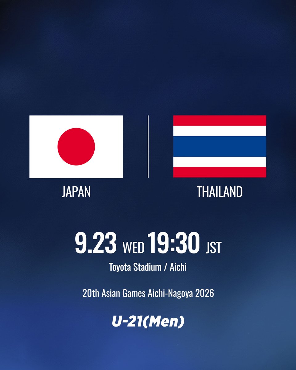 jfa_samuraiblue's tweet photo. 🔹U-21日本代表🔹

🏆第20回アジア競技大会(2026／愛知・名古屋)
\\⚽️マッチスケジュール決定⚽️ //

⚔️グループステージ第1戦
🗓9.16(水)⌚️19:30
🆚ホンコン・チャイナ代表🇭🇰
🏟豊田スタジアム(愛知)

⚔️グループステージ第2戦
🗓9.20(日)⌚️19:30
🆚キルギス代表🇰🇬
🏟豊田スタジアム(愛知)

⚔️グループステージ第3戦
🗓9.23(水・祝)⌚️19:30
🆚タイ代表🇹🇭
🏟豊田スタジアム(愛知)

⚔️準々決勝
🗓9.26(土)
🏟豊田スタジアム(愛知)

⚔️準決勝
🗓9.30(水)
🏟長居陸上競技場(大阪)

⚔️決勝/3位決定戦
🗓10.3(土)
🏟豊田スタジアム(愛知)

@AsianGames_2026
#夢への勇気を #U21日本代表 
#サッカー日本代表