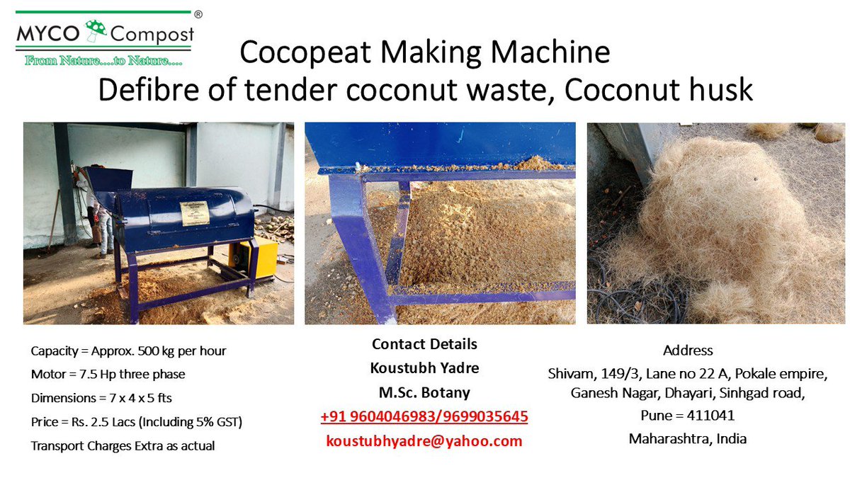 MYCOCOMPOST's tweet photo. MycoCompost Coconut Defibre Machine.
Applicable for Tender Coconut and coconut husk processing.
By products = Coir and Cocopeat.
@icarindia @IndianCoir @AgriGoI @SwachhBharatGov @AgriDeptGoM https://t.co/txtVh2bA3j