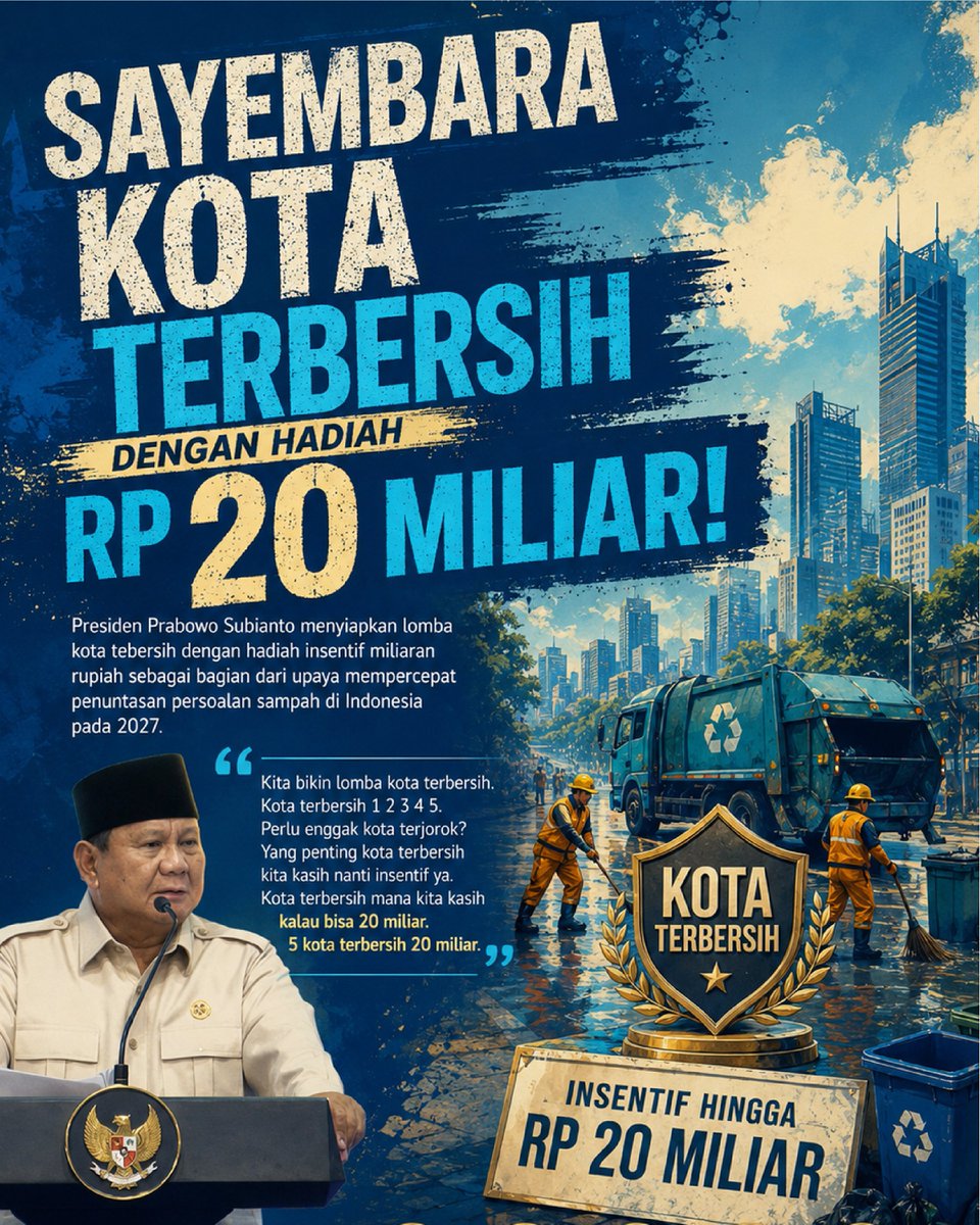 adeevahsn's tweet photo. Kota kamu siap menangin hadiah 20 miliar? Yuk, makin rajin jaga kebersihan lingkungan biar kotamu jadi juaranya!
#jagaindonesia #KotaTerbersih #BebasSampah #IndonesiaBersih #FYP https://t.co/SifaVxzhZT
