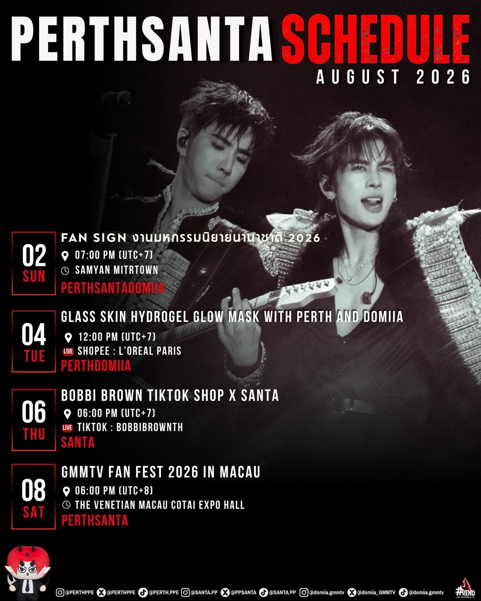 TrendforPS_TH's tweet photo. 📈𝑼𝑷𝑫𝑨𝑻𝑬 #ScheduleTrendforPS ✧♡*

🖤🤍 𝐴𝑢𝑔𝑢𝑠𝑡 𝟸𝟶𝟸𝟼  ❤️😈

#PerthSanta #DOMIIA #เพิร์ธแซนต้า 
#PerthTanapon #Santapp
@perthppe @Ppsanta @domiia_GMMTV https://t.co/iB066rqhCc