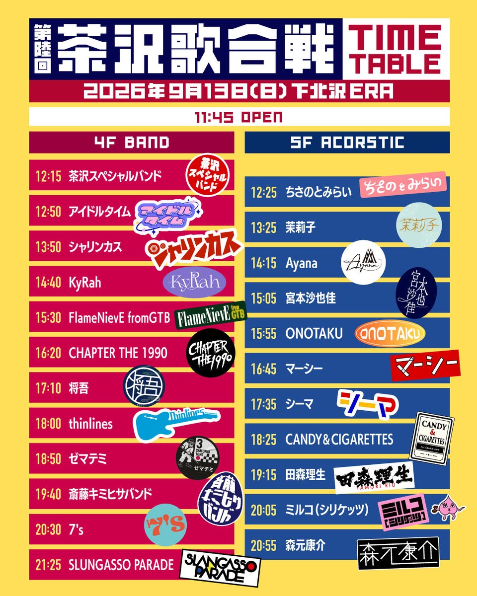 chazawa_utafes's tweet photo. 【呑んだくれの祭典🍻】

第陸回茶沢歌合戦

9月13日(日)
＠下北沢ERA
open/start 11:45/12:15
charge ¥2500(1d別)

チケット予約
●Livepocket(優先入場)
https://t.co/R4qugJtW5o
●各出演者受付

4階ホール(バンド)&amp;5階バー(アコースティック)のサーキットイベント！

※タイムテーブル一部訂正有り https://t.co/51UzN1u3zl