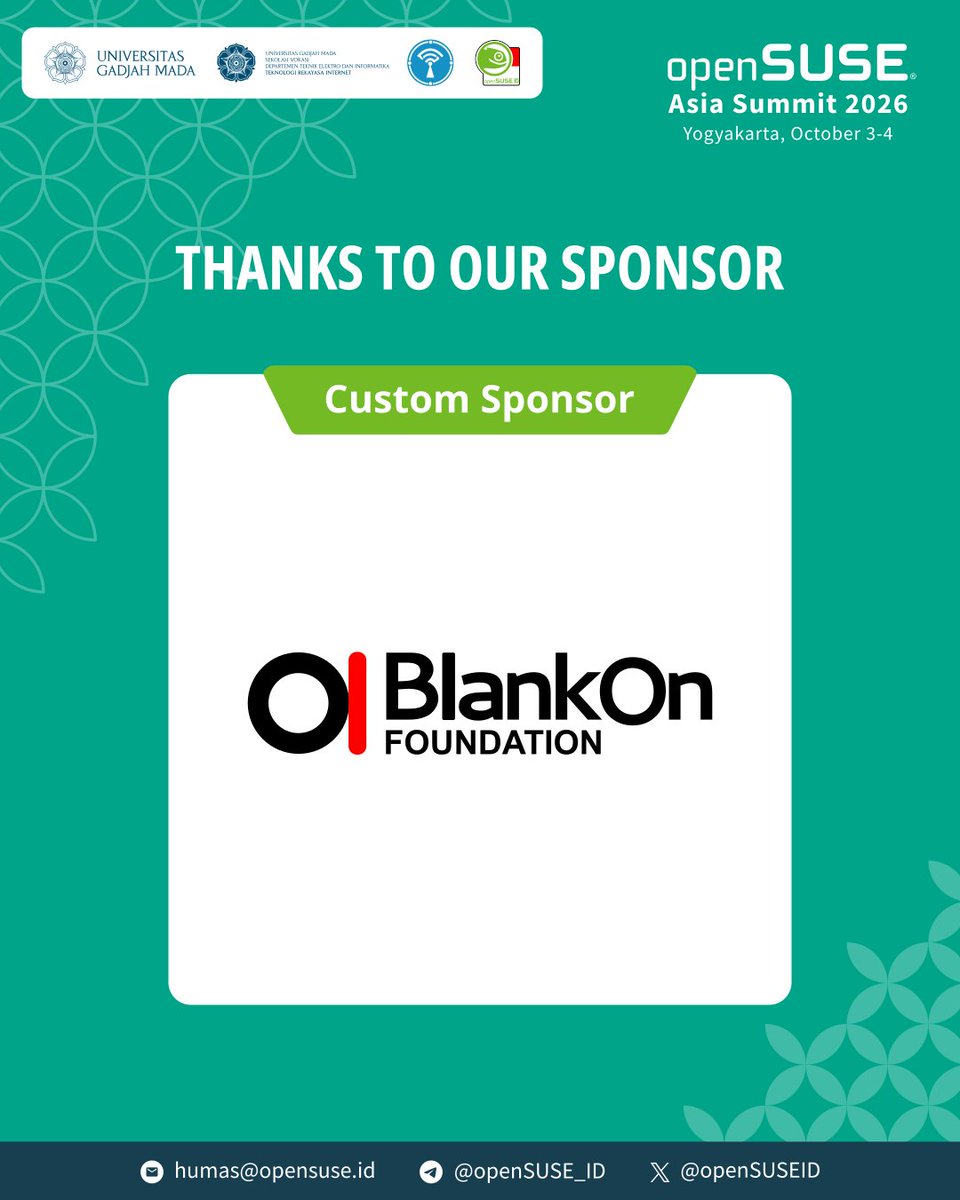 openSUSE_ID's tweet photo. Terima kasih kepada @blankonlinux atas dukungannya sebagai sponsor https://t.co/WBhtwVb5Ti Summit 2026.

Sampai jumpa di Yogyakarta pada 3–4 Oktober 2026! 💚 https://t.co/LdFa5eZ9jq