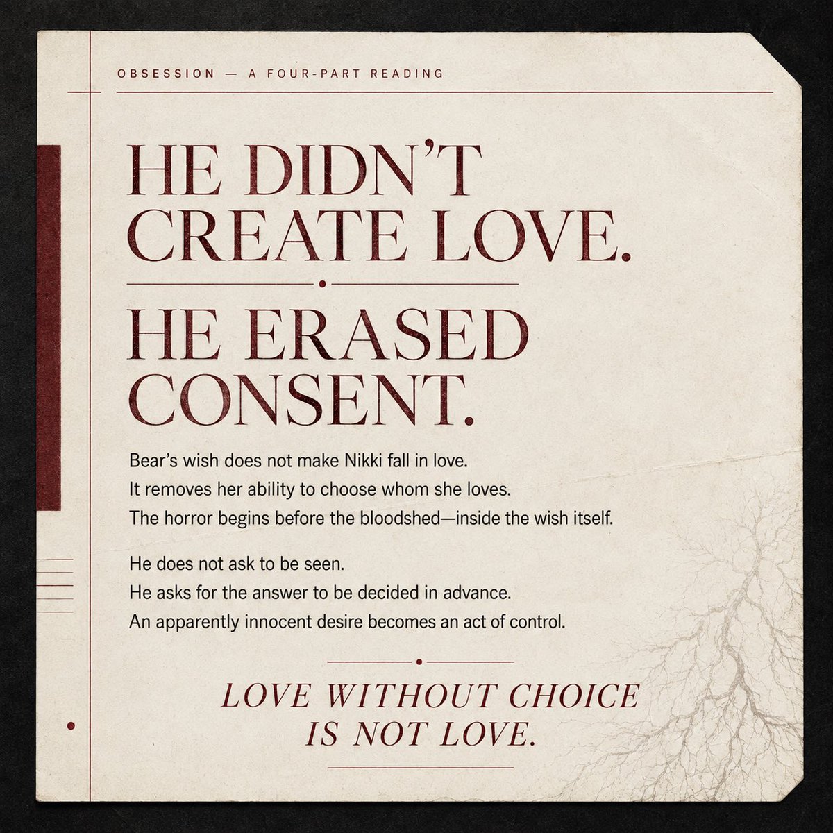 strstr_h's tweet photo. OBSESSION isn’t about a woman whose love becomes monstrous.

It’s about a man whose desire was monstrous before the wish ever came true.

The gore is brutal—but the ugliest thing in this film is the phrase:

“I just wanted her to love me.”

Full analysis in the images. https://t.co/Dbj24LPMdc