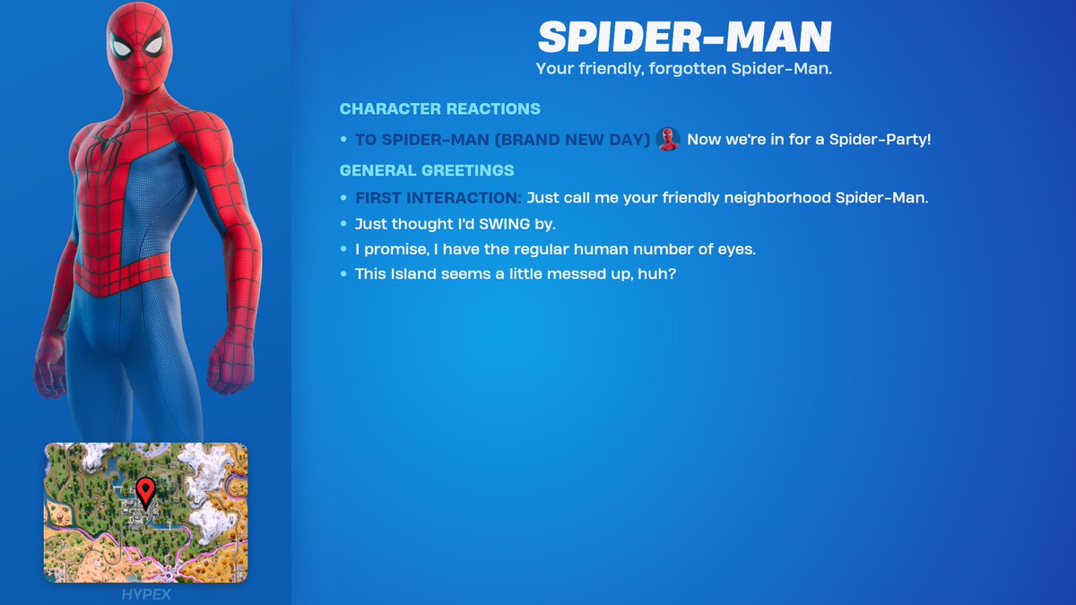 HYPEX's tweet photo. SPIDER-MAN NPC GOES LIVE IN 2 HOURS

He sells the Web Shooters for 2,000 Gold, but they might be disabled until after the Power Hour later today https://t.co/E0JjsRsqRJ