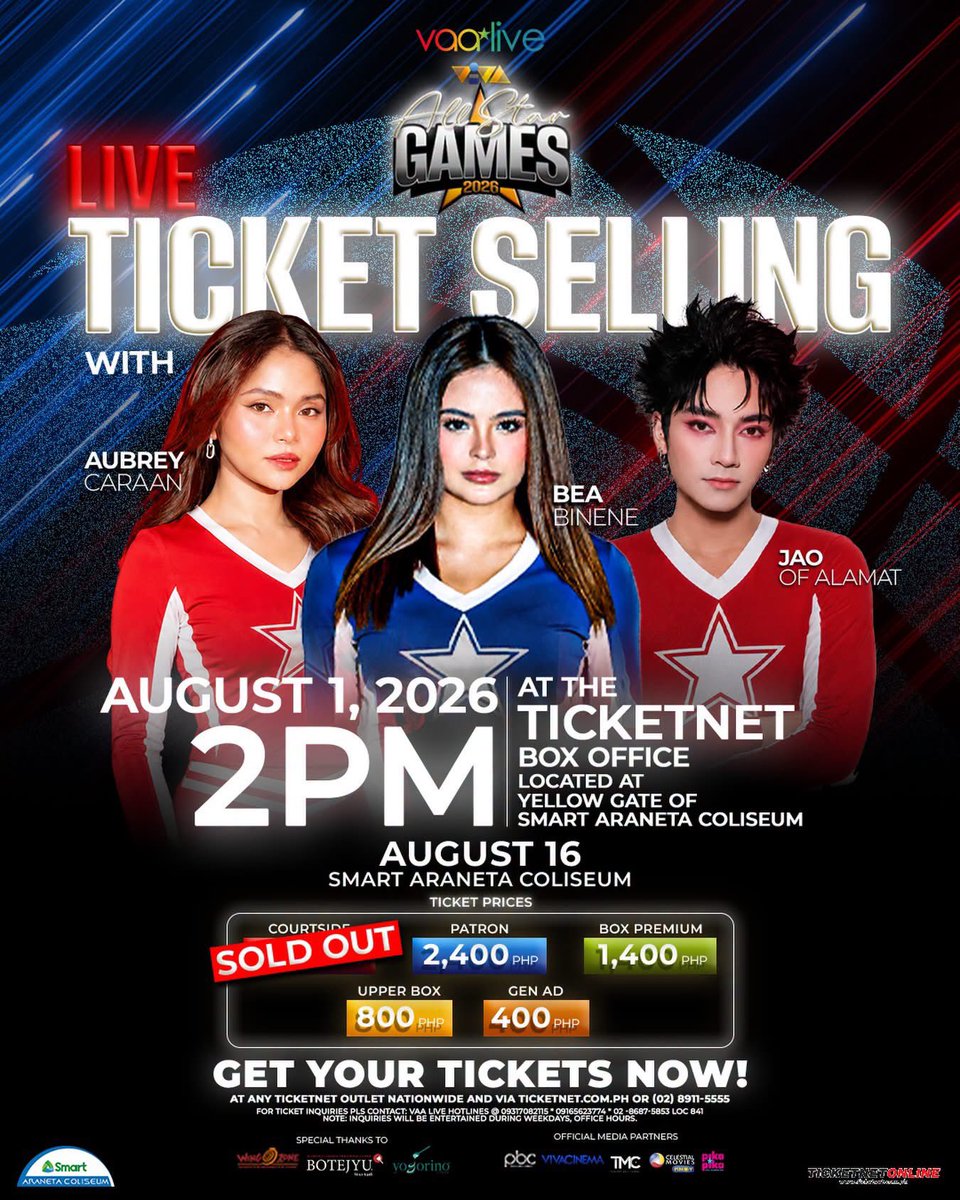VivaArtists_'s tweet photo. LIVE TICKET SELLING ALERT TODAY ! 🚨🤸🏼‍♀️

Catch Bea Binene, Aubrey Caraan, and Jao of Alamat live ticket selling at the TicketNet Box Office (Yellow Gate) 2PM!

Buy your tickets today for the VIVA ALL STAR GAMES 2026 on August 16 at the Big Dome! 🏟️✨ #VivaAllStarGames2026 https://t.co/A8LxoyoTHd