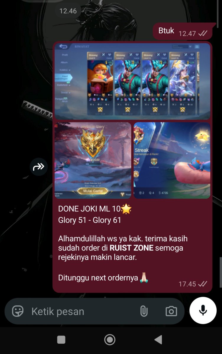 chzeriist's tweet photo. #testiruizZ JOKI / VIP ML SEASON 41 

121.  Glory 10 🌟 
122. Vip imo 5 match req floryn 
          W: 4      L:1
123. Vip glory 10 match req miyq 
          W: 10      L:0
124. Mythic 6🌟 req odette pharsa

Tanya tanya harga bisa langsung cek bio :› 
☎️ https://t.co/v2HZlte70N https://t.co/30eJ74rr8E