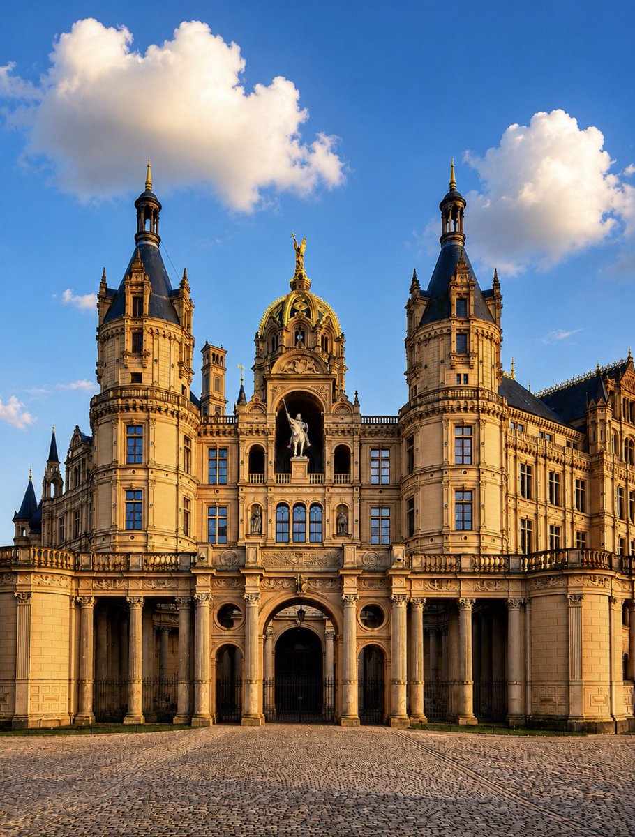 1981Chateaux's tweet photo. 3๏ธโฃ The grand finale โ the majestic main facade!
Golden dome, equestrian statue, twin towers & ornate details glowing in golden light. A true neo-Renaissance masterpiece.
#SchwerinCastle #GermanCastles #FairyTaleCastle https://t.co/WnwPZP1n1S