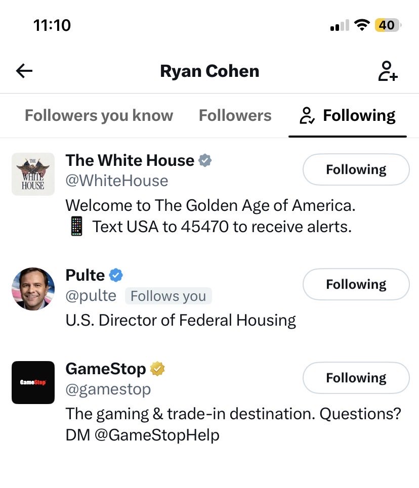 ThePPseedsShow's tweet photo. JUST IN 

RYAN COHEN CEO OF GAMESTOP FOLLOWING THE WHITE HOUSE NOW

WTF IS GOING ON HERE ??? https://t.co/nhnkSMS47H