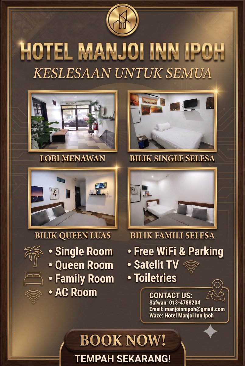 imsyedsafwan's tweet photo. Tempah bilik sekarang di Hotel Manjoi Inn Ipoh .Walk in pun boleh. 
Ada 3 pilihan bilik yang kami tawarkan:
SINGLE ROOM QUEEN ROOM &amp;
FAMILY ROOM .
Isnin-Ahad: Waktu operasi: 24 jam.
Moh ke Ipoh Kome‼️🤗
☎️013-4788204
@MohKeIpoh #hotelipoh https://t.co/j27qiSBK5k