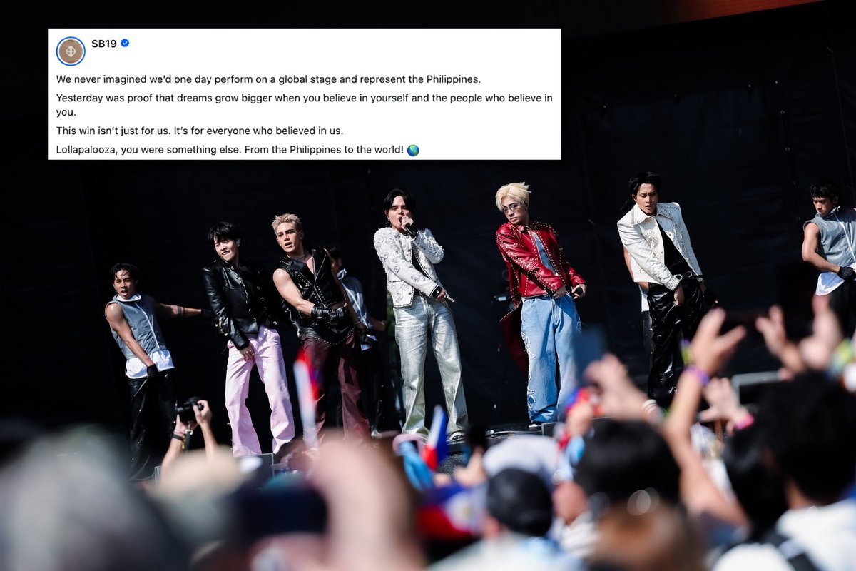 gmanews's tweet photo. 'FROM THE PHILIPPINES TO THE WORLD' 🩵🇵🇭

This is what SB19 had to say after their historic performance at the Lollapalooza 2026, one of the biggest music festivals in the world, held annually in Chicago.

"This win isn’t just for us. It’s for everyone who believed in us," SB19 wrote.

Courtesy: SB19/Facebook

Read more: https://t.co/HSEVWRYZQ6