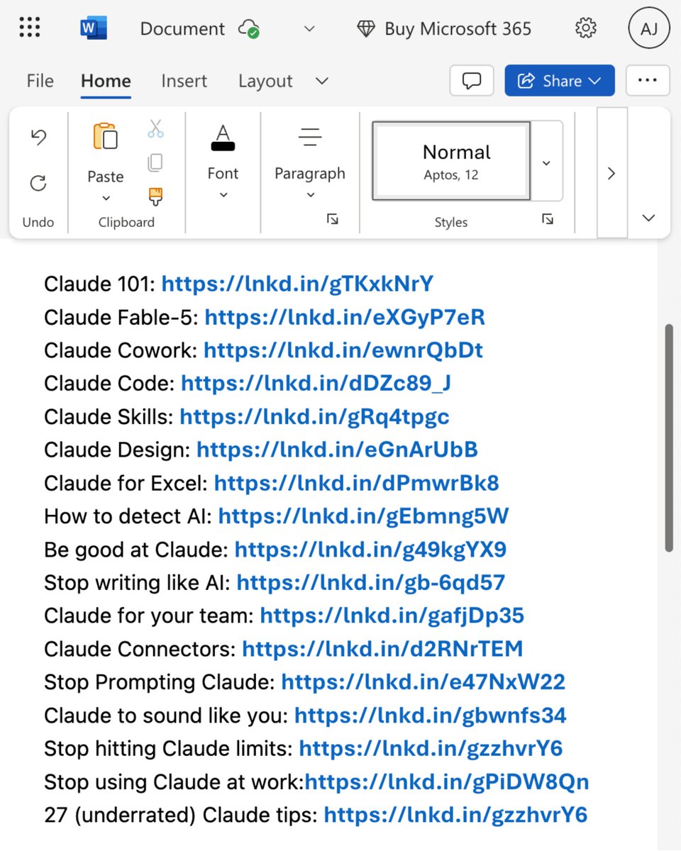 rubenhassid's tweet photo. Stop bookmarking 50 guides you'll never read.

You can skip all of it with these 17 free guides:

Claude 101: https://t.co/HNa5MrCLVU
Claude Fable-5: https://t.co/682TA10gmu
Claude Cowork: https://t.co/AvO8fCLTrL
Claude Code: https://t.co/O2kJvFkgan
Claude Skills: https://t.co/jT4uB5Bdjw
Claude Design: https://t.co/q1zjMfeAyg
Claude for Excel: https://t.co/7g3CFNcKrs
How to detect AI: https://t.co/Tcc7YTTf1D
Be good at Claude: https://t.co/SVGd967eMQ
Stop writing like AI: https://t.co/JWKUGNKgOS
Claude for your team: https://t.co/U1JsBVCzYH
Claude Connectors: https://t.co/TSAQqOpDeV
Stop Prompting Claude: https://t.co/j1LATSJiat
Claude to sound like you: https://t.co/kDGBpSF7Wh
Stop hitting Claude limits: https://t.co/j5fEzSH5br
Stop using Claude at work: https://t.co/c6X55Thy6t

27 unknown Claude tips: https://t.co/Uk66CN3rj5

___

1. Save this list for later (three dots, top right).
2. Share it with a friend by ♻️ reposting this image.
3. Subscribe to my free newsletter: https://t.co/psB7XxB2Y4.