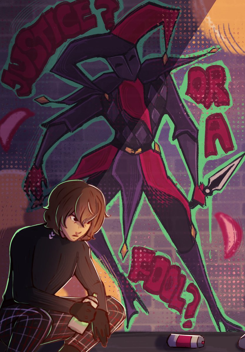 dee_TheImposter's tweet photo. Akeshuake roleswap au with graffiti artist Akechi (and black mask Joker in the background-) for @/goldylockheart https://t.co/qYxz78cH6H